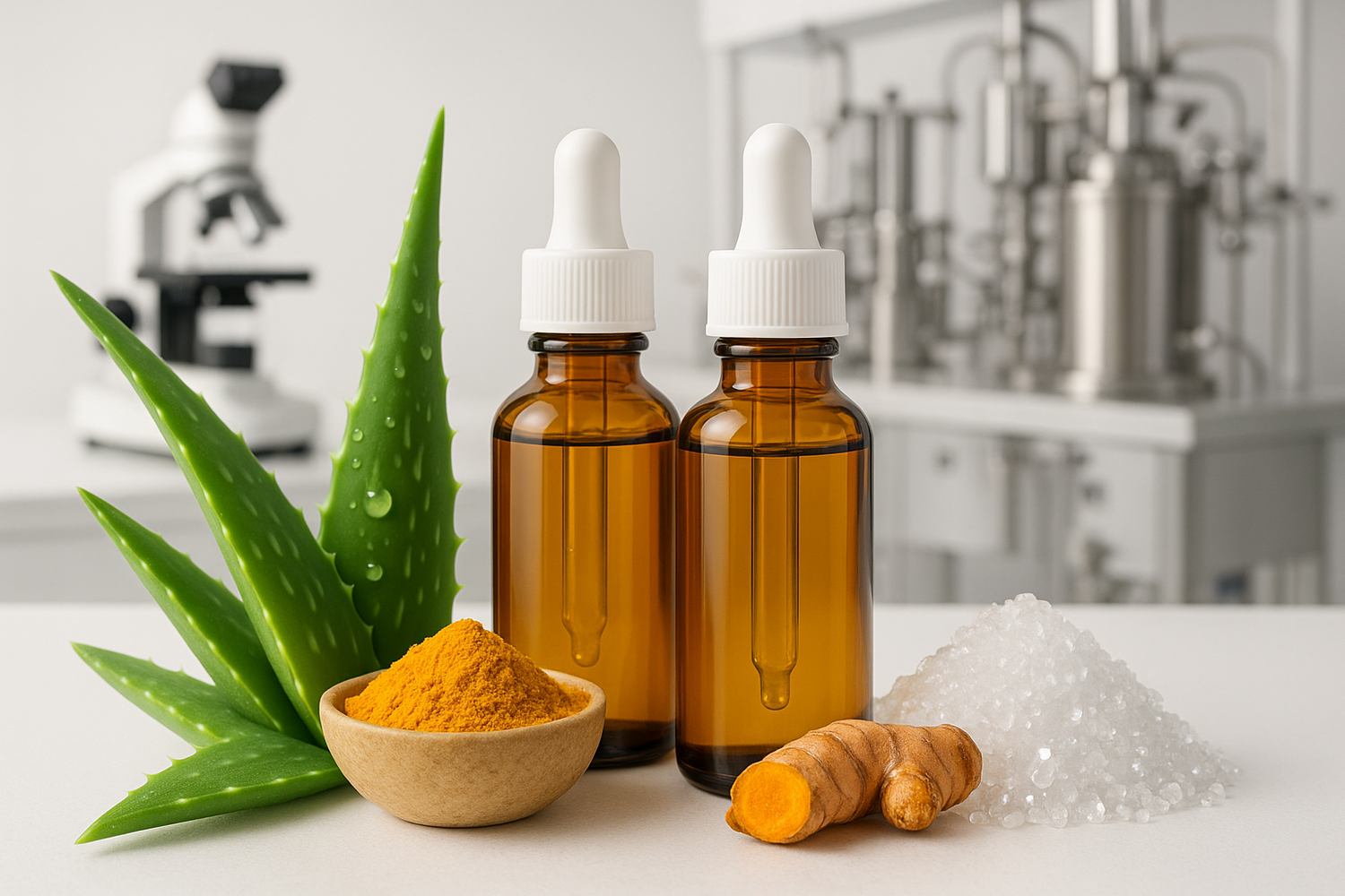 Laboratory scene with aloe vera, turmeric, and crystalline compounds—highlighting scientific research on natural ingredients