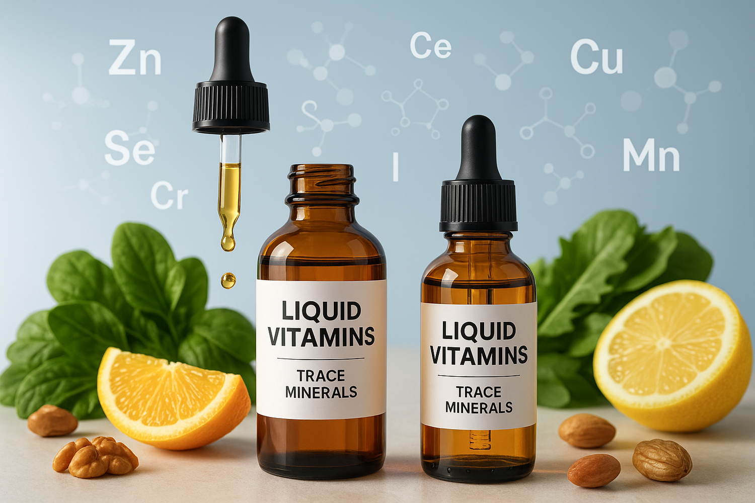 Two amber dropper bottles of liquid vitamins beside trace mineral icons—visual emphasis on formulation and ingredient transparency